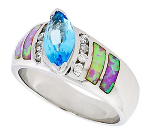 Fine Women Silver Rhodium Plated Pink Opal Ring Marquise Shape Light Blue 11mm - Picture 1 of 1