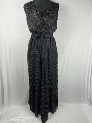 Motherhood Maternity Black White Polkadot Maxi Dress L Sheer Overlay Ruffled Bow - Image 1 of 4