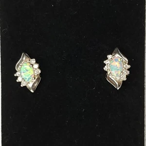 Sterling Silver Fire Opal CZ Earrings Stud Pierced Cubic Zirconia 5X3mm - Picture 1 of 7
