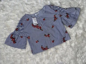 Dizzylissy Blue Stripe, Rose Embroidered Top, Size S, Keyhole Neck & Bell Sleeve - Picture 1 of 10