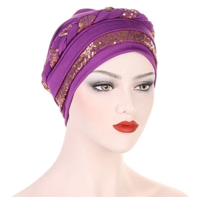 Mujeres Gorro Turbante Hiyab Lentejuelas Trenzas Sombrero Musulmán Bufanda Envoltura Gorras Quimioterapia Foto 1 de 4