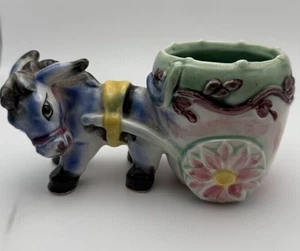 Fantastic Vintage Ceramic Donkey Planter Japan 1950's Blue Pink Green Yellow - Picture 1 of 6