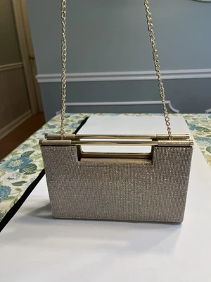Nina Gold Rhinestone Clutch w Detachable Chain Strap Shoulder Handbag Purse - Image 1 of 4