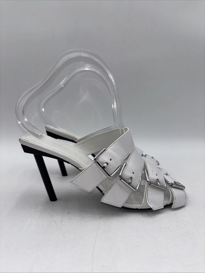 Sandalia Balenciaga Plata Hebilla Cuero Blanco Tacones Deslizables Talla 37 Foto 1 de 4