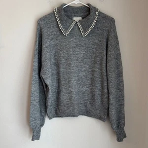 H&M grauer Pullover mit Perlenkragen Pankragen Damen kastig neutral Gr. Medium - Bild 1 von 8