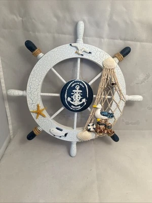 Nautical Beach Wooden Boat Ship Steering Wheel Fishing Net Shells Seagull Fish - Image 1 of 4