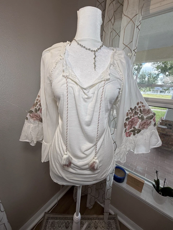 Blusa Vintage America Blu Mujer Grande Boho Campesina Top Bordada Manga Campana  Foto 1 de 4