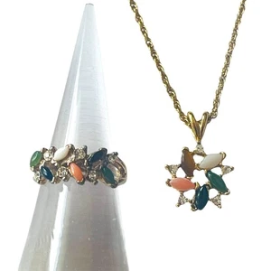 Gold Tone Pendant Necklace Ring Set Costume Fashion Size 6.75 Rope Chain 17" - Picture 1 of 24