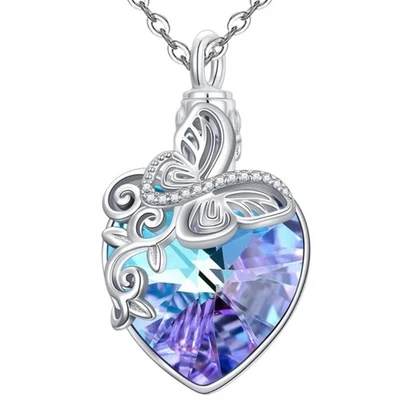 Butterfly Urn Necklace for Ashes - Crystal Heart Memorial Cremation Jewellry B87 - Image 1 of 4