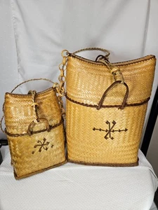 Vintage Pasiking Philippine Rattan Woven Handmade Wicker Basket Backpack Set Tan - Picture 1 of 16