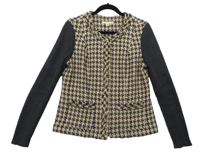 CAbi Jacket Womens 10 Black Gray Houndstooth Tweed Knit Sleeve Zip Lined Pockets - Image 1 of 4