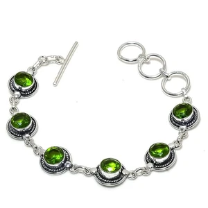 Green Peridot Gemstone Handmade 925 Sterling Silver Jewelry Bracelet Size 7-8" - Picture 1 of 1