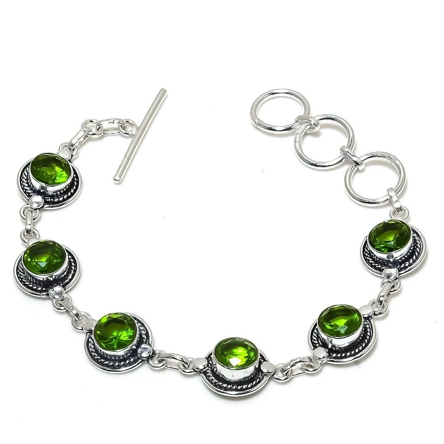 Green Peridot Gemstone Handmade 925 Sterling Silver Jewelry Bracelet Size 7-8" - Image 1 of 1