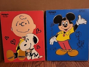 Lot Of 2 Playskool Wooden Puzzle Charlie Brown Mickey Mouse - Picture 1 of 4