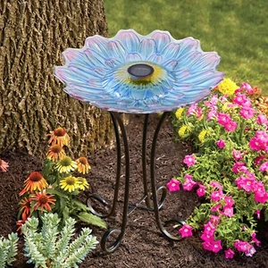 Floral Solar Glass Bird Bath W/Metal Stand-Blue Dahlia Summer Garden Decor - Picture 1 of 5
