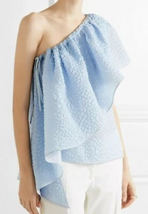 1.5K Auth NWT Rosie ASSOULIN Blue WEDGE One-Shoulder SEERSUCKER Top BLOUSE  - Picture 1 of 5