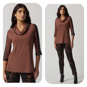 Joseph Ribkoff Toffee 3/4 Sleeve Faux-Leather Trim Tunic Top Size 8 NWT - Picture 1 of 10