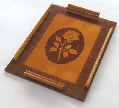 VINTAGE INTARSIEN ROSE HOLZ TABLETT SERVIERTABLETT DEKOR ROSE - Bild 1 von 4