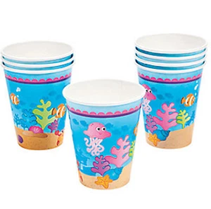 Mermaid Party Cups Tropical Fish Mermaids Theme Disposable Paper Cup Pack of 8 - Picture 1 of 3