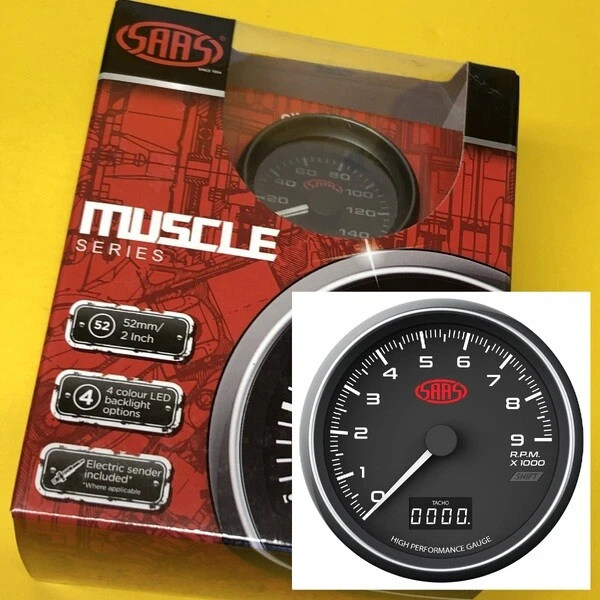 SAAS Muscle SG31642? Tachometer 0-9000 RPM Tacho In dash Black 89mm 3-1/2" - Image 1 of 3