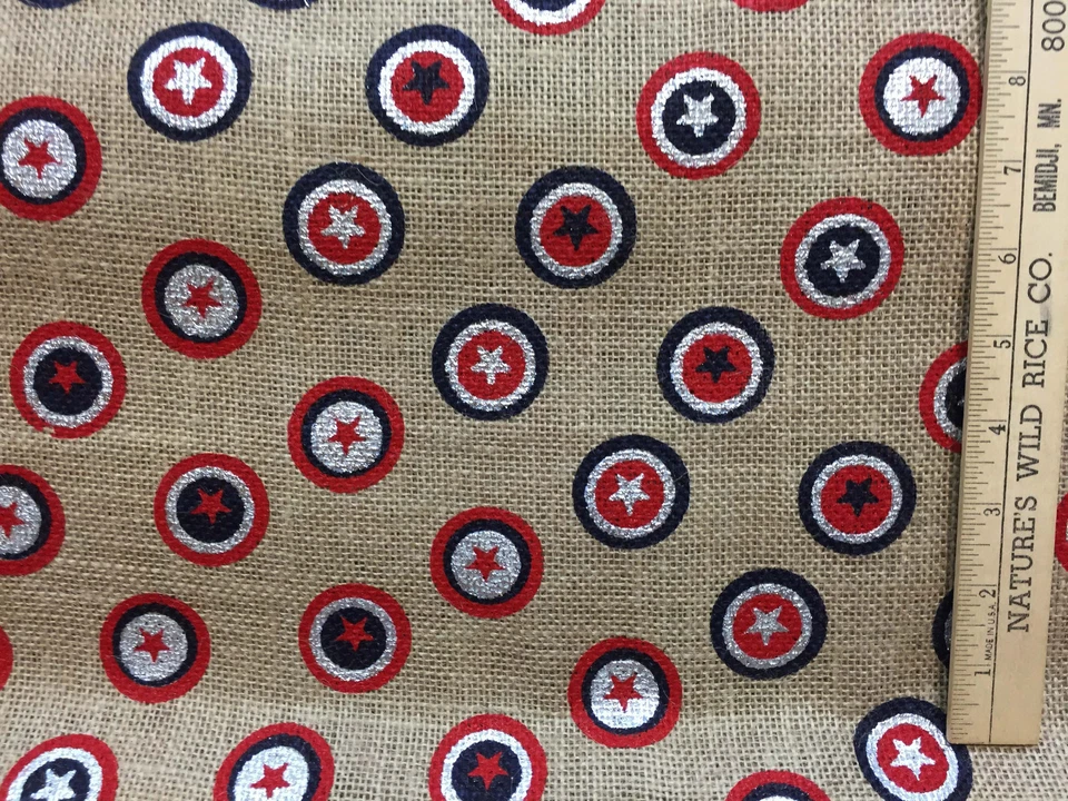 Tela Bronceada Arpillera Rojo Blanco Azul Estrellas Patrón Círculo 176" Tapicería Patriótica Foto 1 de 3