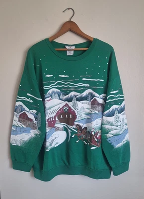 NutCracker Christmas Sweatshirt L Green Santa Covered Bridge Puff Paint VTG 90s - Image 1 of 4