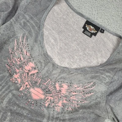 Camisa Top Harley Davidson Para Mujer Gris Rosa Estrás Alas Manga Larga Talla L Foto 1 de 4