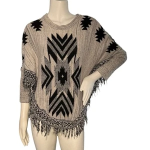 Crazy Train Poncho Pullover schwarz und creme Aztekenmuster Fransen - Bild 1 von 11