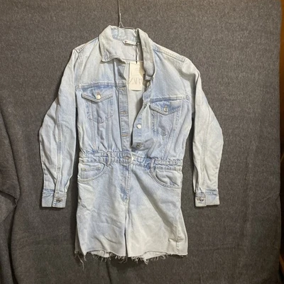 Shorts e top jeans Zara peça única. Jeans Romper manga comprida tamanho G - Imagem 1 de 4