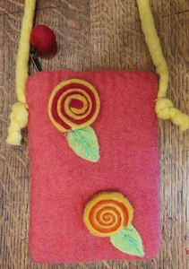 Crossbody Bag Purse Natural Hand Made Felted Wool Boho Whimsy Red Yellow Flowers - Picture 1 of 13