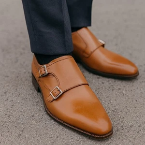 Johnston & Murphy Gr. 10 M Archer Double Buckle Monk Schuh Cognac Leder NEU - Bild 1 von 9