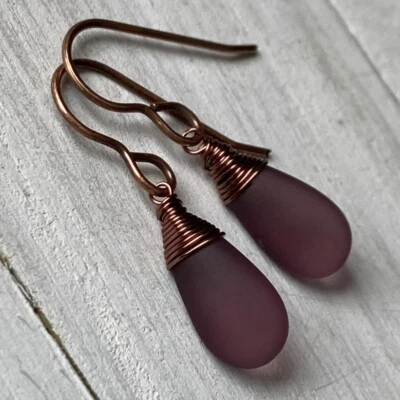 Min Favorit Smoky Amethyst Sea Glass Teardrop & Copper Artisan Wrap Earrings - Изображение 1 из 4