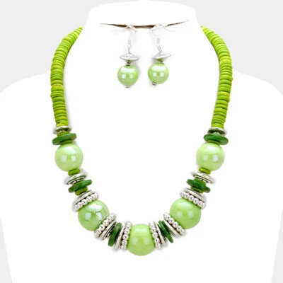 Green Ceramic Bead And Coco Wooden Bead Silver Tone Bead Necklace Earring - Image 1 of 2