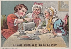 Victorian Trade Card 1880s Gossip! Granite Iron Ware A10Z - Picture 1 of 2