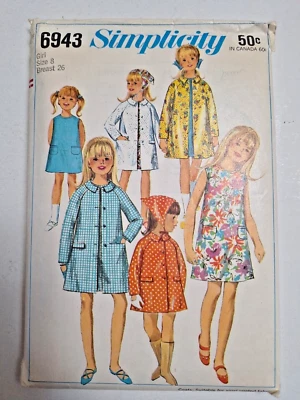 Rain Coat Dress Head Scarf Girls 8 Simplicity 6943 Sewing Pattern VTG A Line - Image 1 of 4