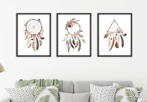 Bohemian Wall Art Prints Set of 3x Dreamcatcher Dream Catcher Feather Home Decor - Picture 1 of 6