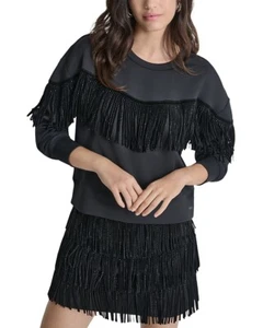 Dkny Women's Fringed Scuba Top Black Size XL - Picture 1 of 2