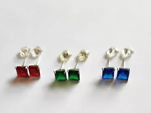 Sterling Silver Stud Earrings Set of 3 -Blue, Green & Red - Picture 1 of 8