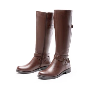 Women Knee-High Riding Boots Buckle Low Block Heel Round Toe Casual Boots - Picture 1 of 10