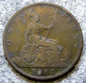 GREAT BRITAIN QUEEN VICTORIA 1884 ONE PENNY, Seated Britannia BRONZE km# 755 - Picture 1 of 6