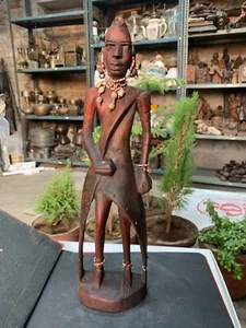 Antique Handcrafted Rare Wooden African Man Sculpture Figurine W/ Beads Ornament - Picture 1 of 16
