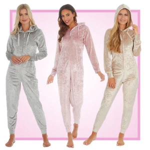 Womens 1Onesie Ladies Crushed Velet Playsuit All in One Pajama Pyjama One Piece - Picture 1 of 16