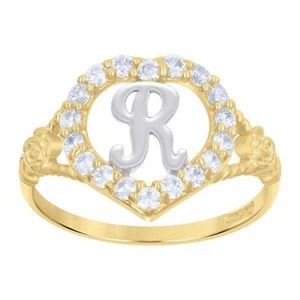 10k Two-Tone Gold Cubic Zirconia Womens Initial "R" Letter Band 1.8g Ring Size 7 - Picture 1 of 1