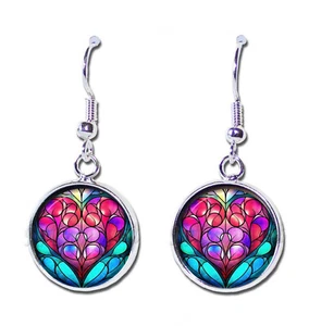 Faux Stained Glass Heart Design - Handmade Resin Dangling Earrings 16mm Round - Picture 1 of 6
