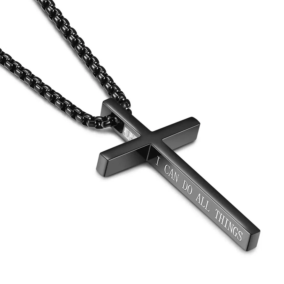 Men Women Cross Necklace Stainless Steel Christian STRENGTH Pendant Chain 24" - Image 1 of 4