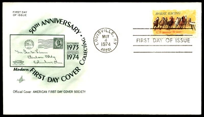1974 Horse Racing FDC 50th Anniversary Cover Collecting ArtCraft Cachet-Green - Image 1 of 2