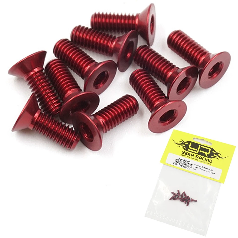 Yeah Racing Aluminum 7075 3x8mm Hex Socket Flat Head Screws 10pcs Red #ahf-308rd