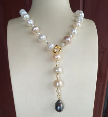 Design Pretty 22"  White AAA 12-10mm Multi-Color South Sea Pearl Necklace 14KGP - Image 1 of 4