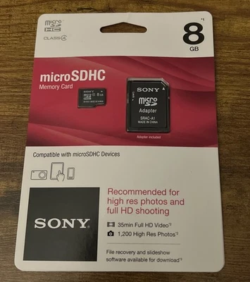 Brand New Sealed Sony 8GB Micro SDHC Card & Adapter SR8A4/TQMN SD HC Class 4 - Image 1 of 2