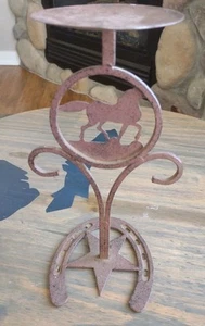 WESTERN CANDLE PILLAR HOLDER STAND HORSESHOE RUSTIC 9" HORSE METAL CABIN - Picture 1 of 5
